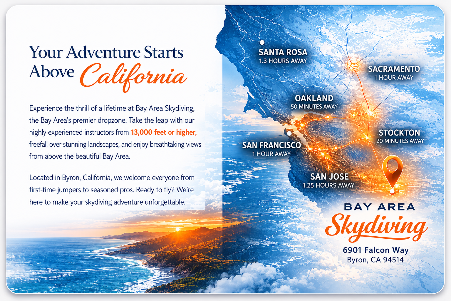 Map showing Bay Area Skydiving at Byron Airport, 6901 Falcon Way, Byron, California