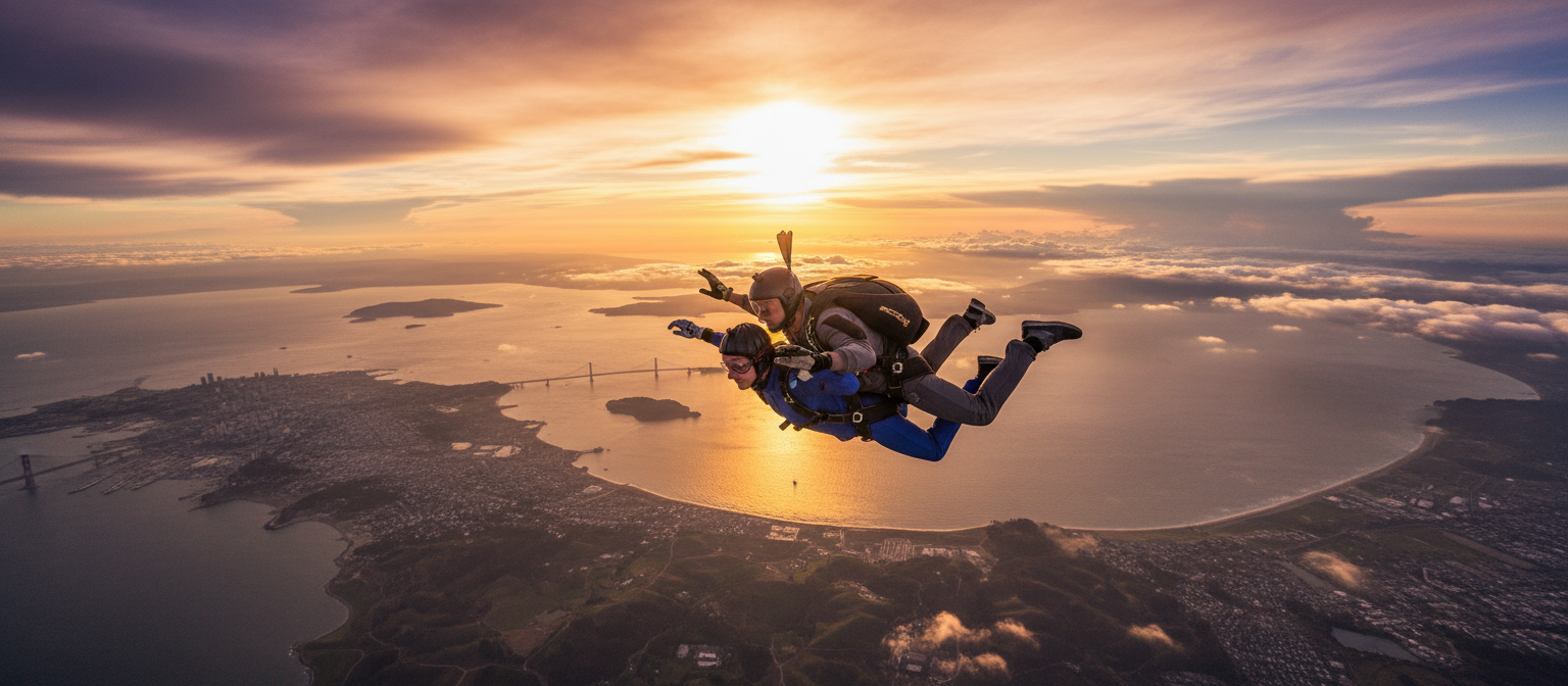 Tandem skydiving at sunset